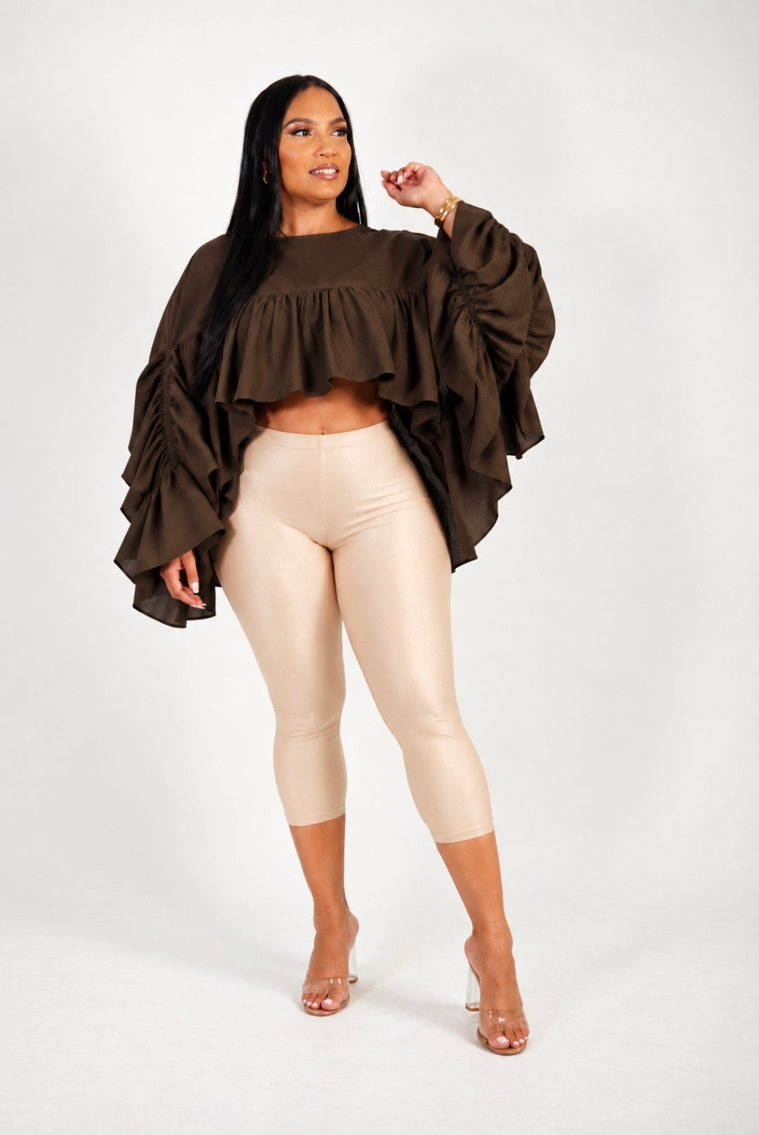 Chocolate Ruffle & Beige Capri Set